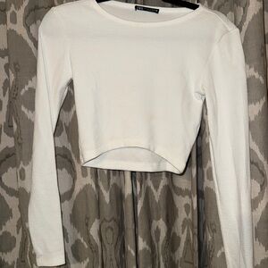 ZARA White Cropped Long-Sleeve Textured Top